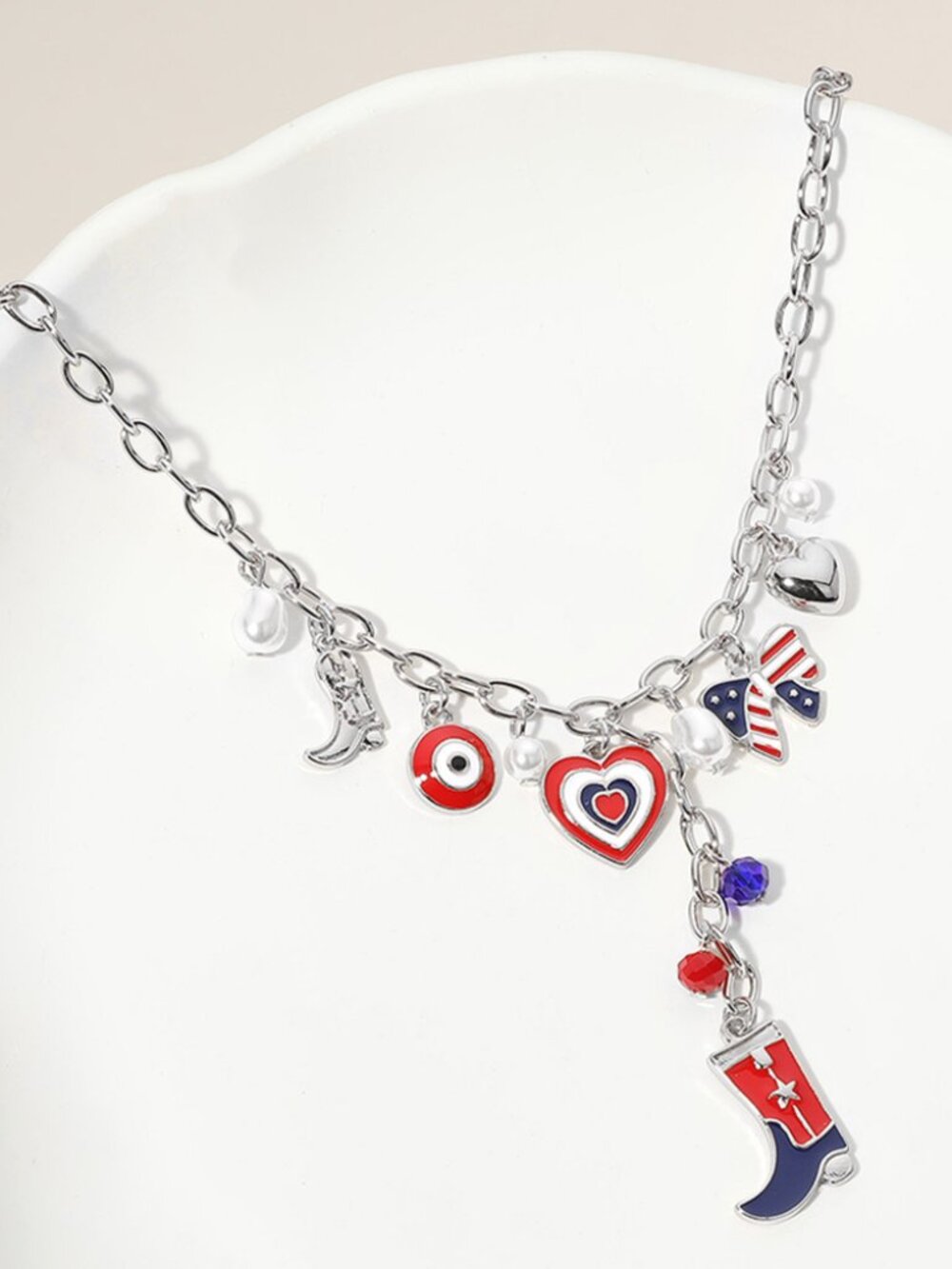 NEW American USA Flag Western Cowboy Boot Bow Heart Charm Necklace GD or SLV